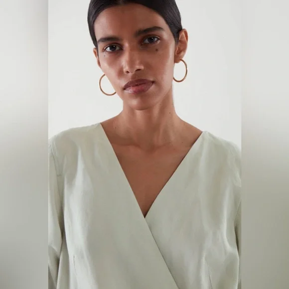 COS MINI WRAP DRESS IN DUSTY LIGHT GREEN - Picture 6 of 15